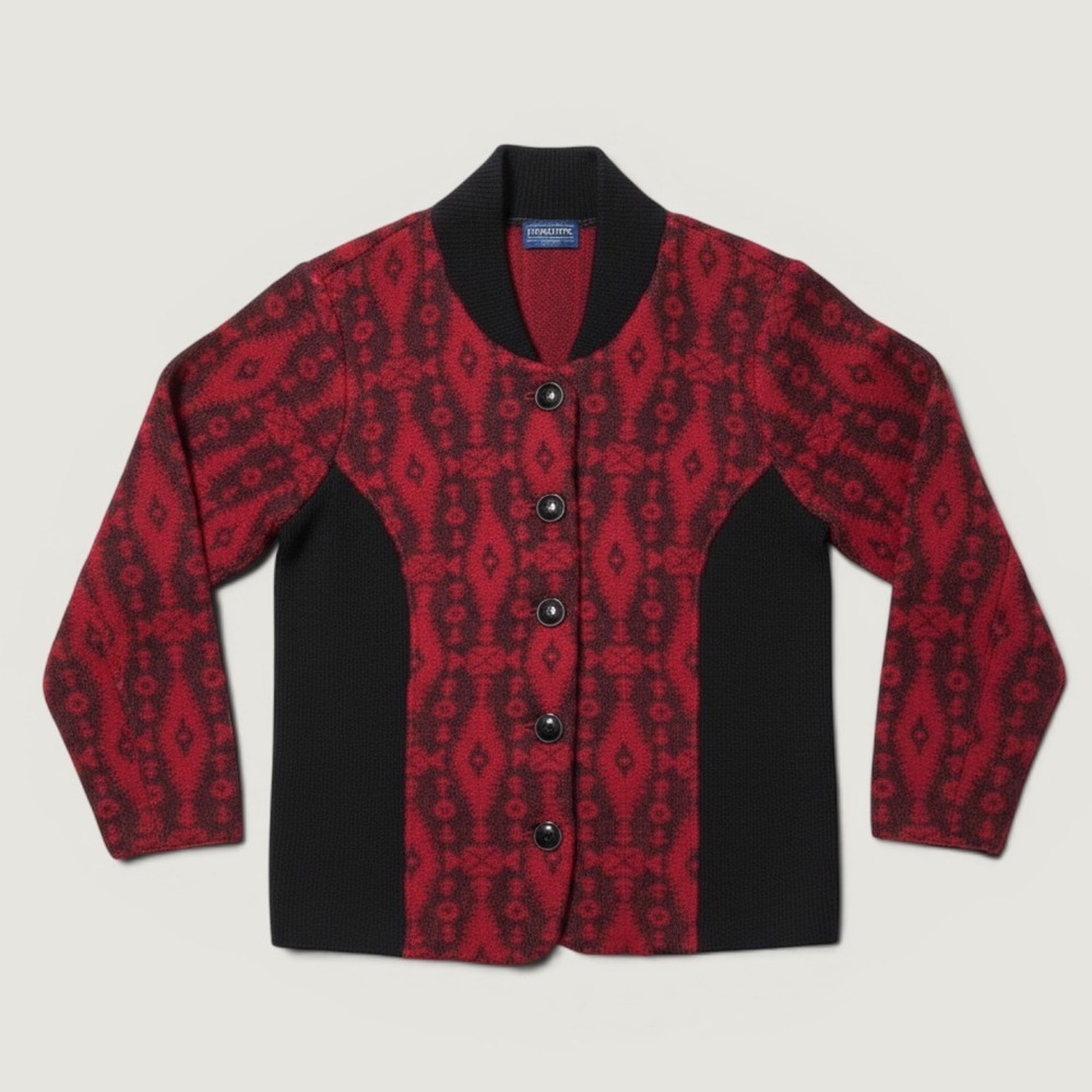 Pendleton Red Black Southwestern Wool Cardigan Sweater Ribbed Knit Jacket Womens